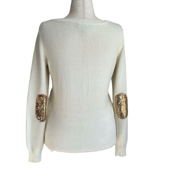 BANANA REPUBLIC Women’s Cream Sequined Elbow Patch Crewneck Sweater Size M - Picture 2 of 9